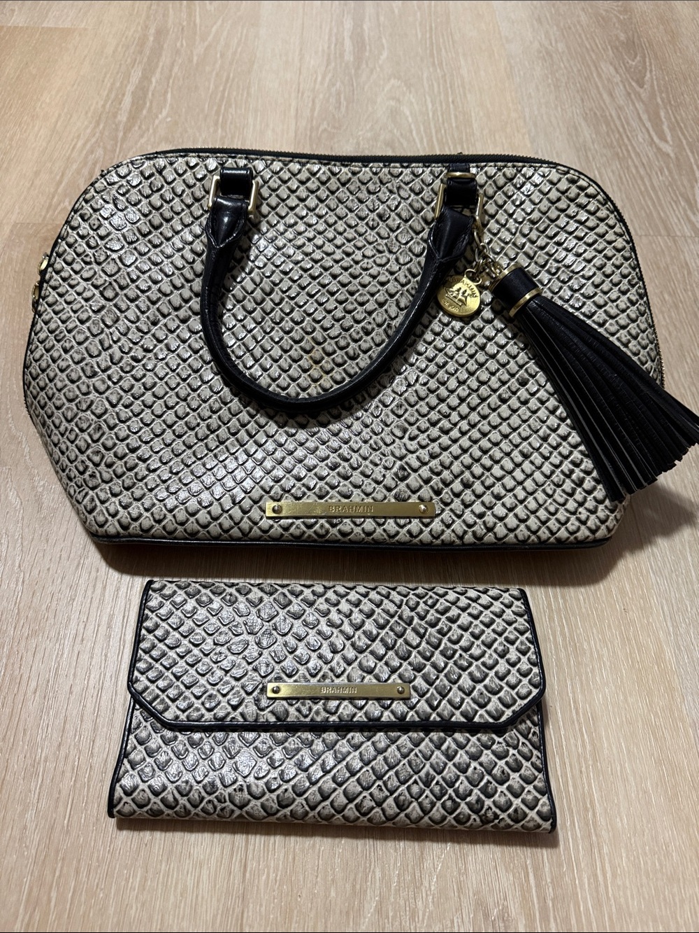 Brahmin Black and Cream Textured Dome Satchel with Wallet